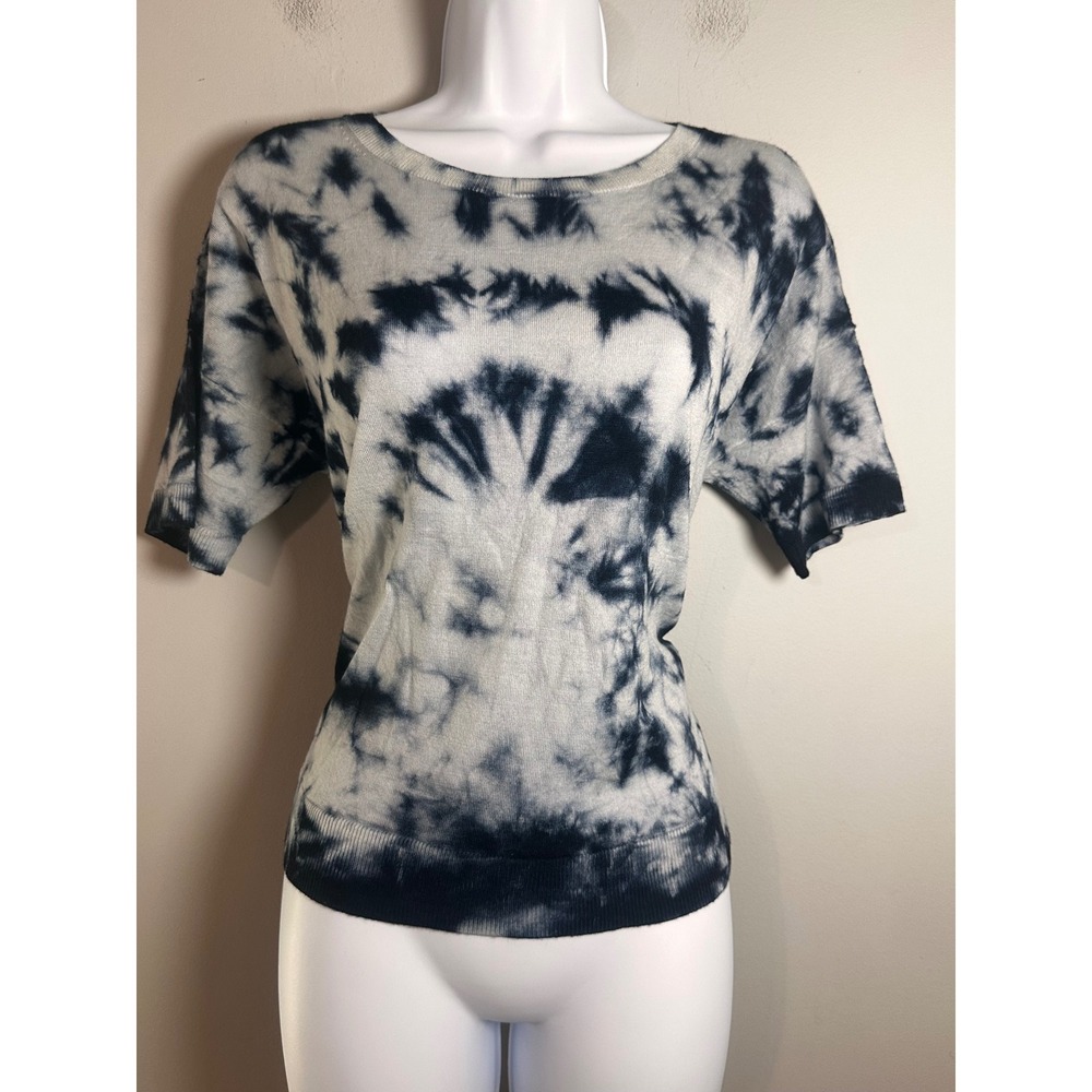 Banana Republic Merino Wool Tie Dye Short Sleeve Knit‎ Sweater Top Navy White M